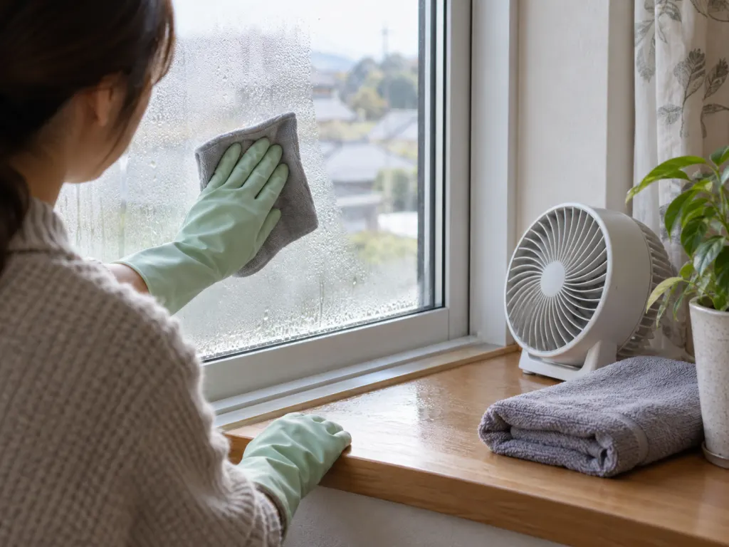 A person gently managing window moisture with gloves, a towel, and ventilation nearby.