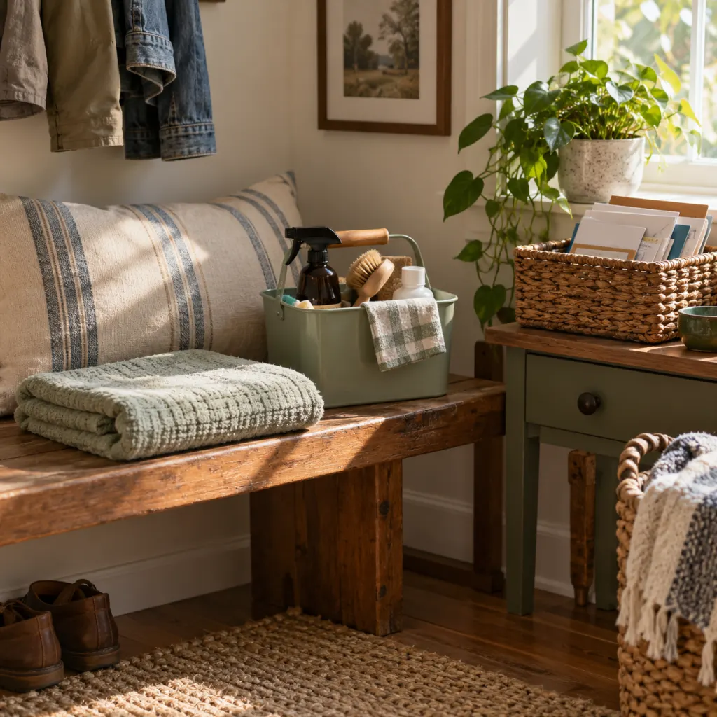 A calm home corner with cleaning supplies, folded towel, and mail basket in soft light.