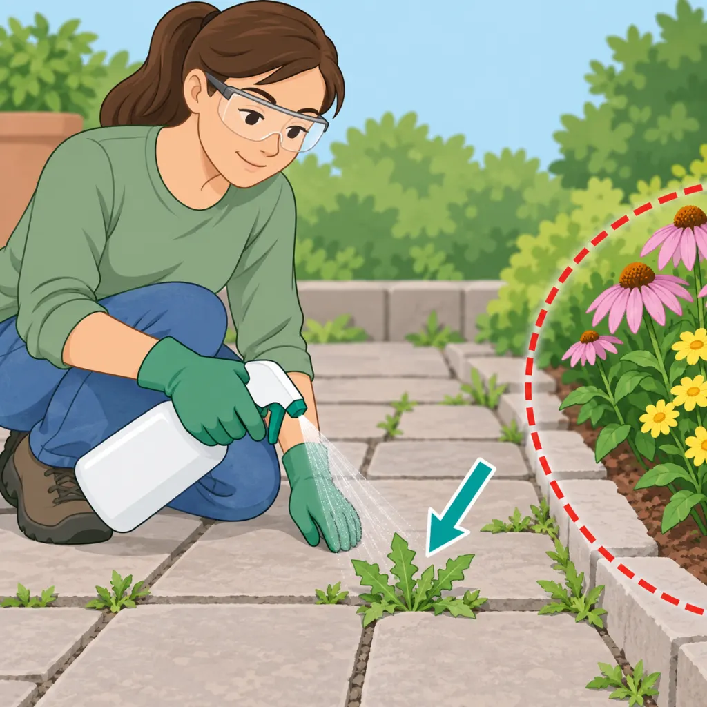 Gardener using a vinegar weed spray carefully on small weeds between patio stones.
