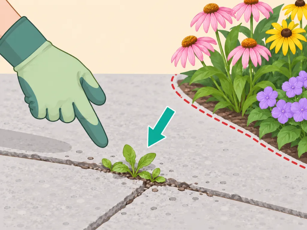 Choosing small weeds in a pavement crack away from wanted plants.