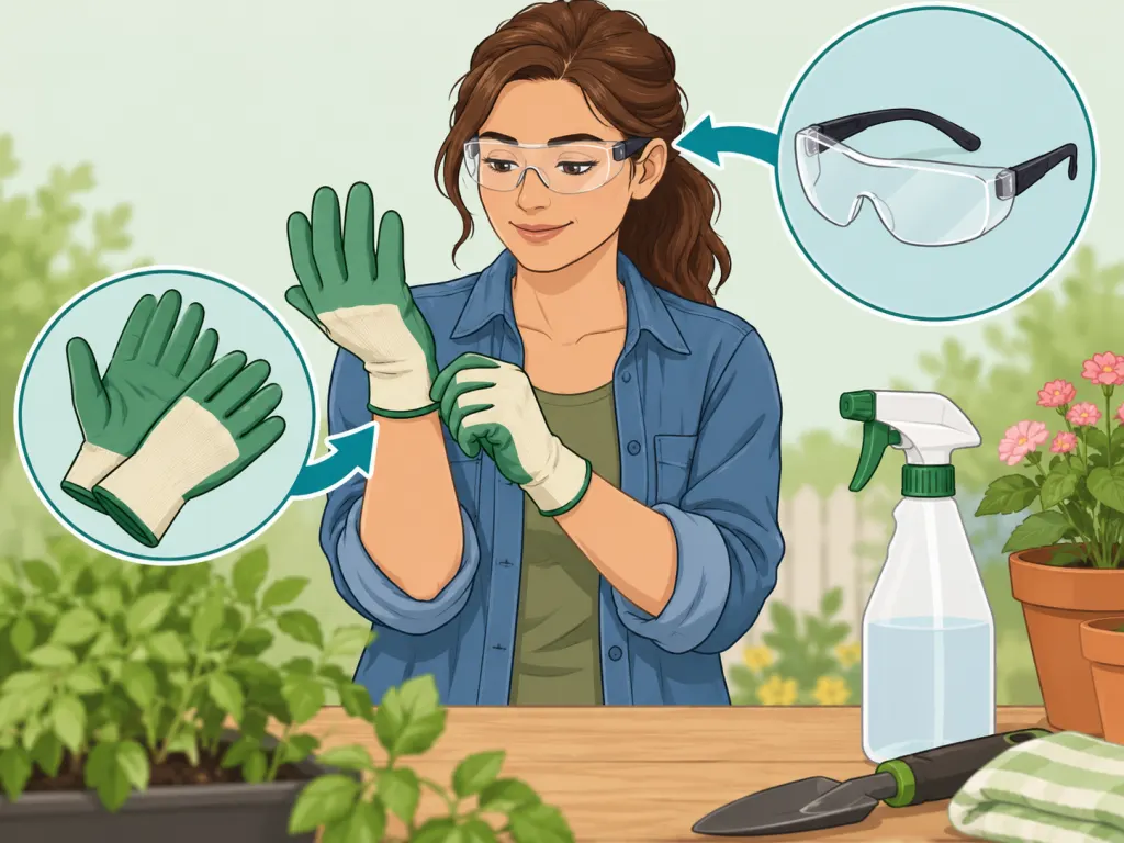 Putting on gloves and eye protection before mixing vinegar spray.