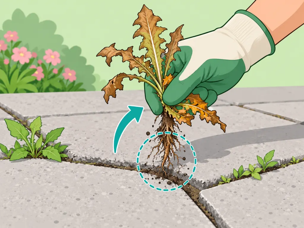Pulling surviving weed roots after vinegar spray browns the leaves.