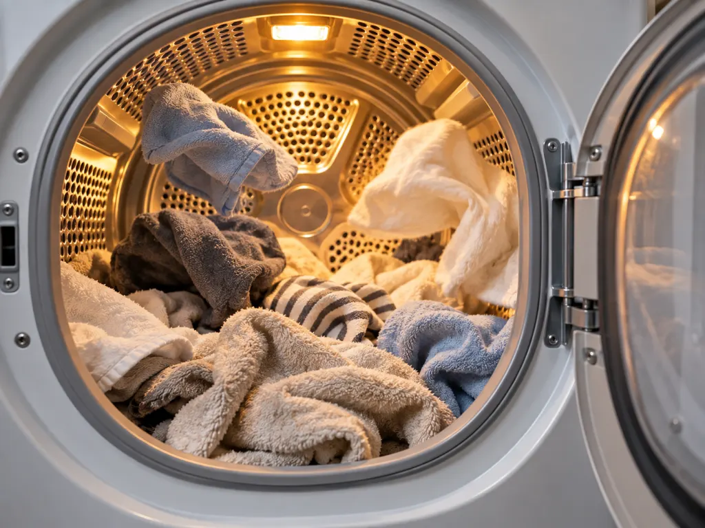 Laundry inside a dryer drum with visible space for fabric to tumble.