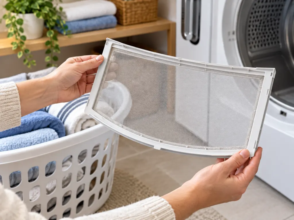 Hands holding a clean dryer lint filter next to a laundry basket.