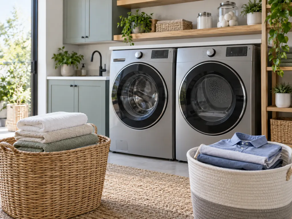 A modern washer and dryer pair with laundry sorted into separate baskets.