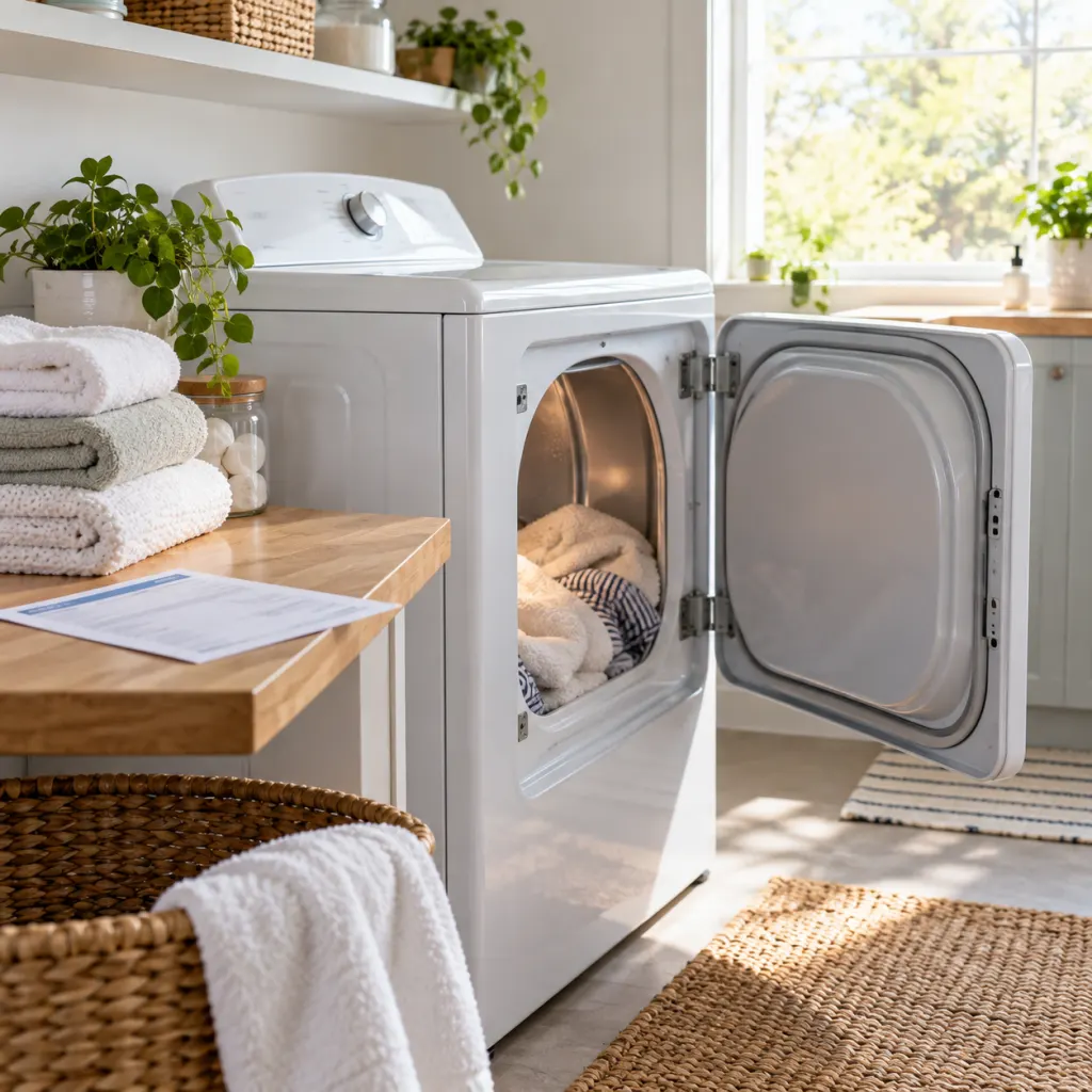 A clean laundry room with a clothes dryer, folded towels, and a utility bill on the counter.