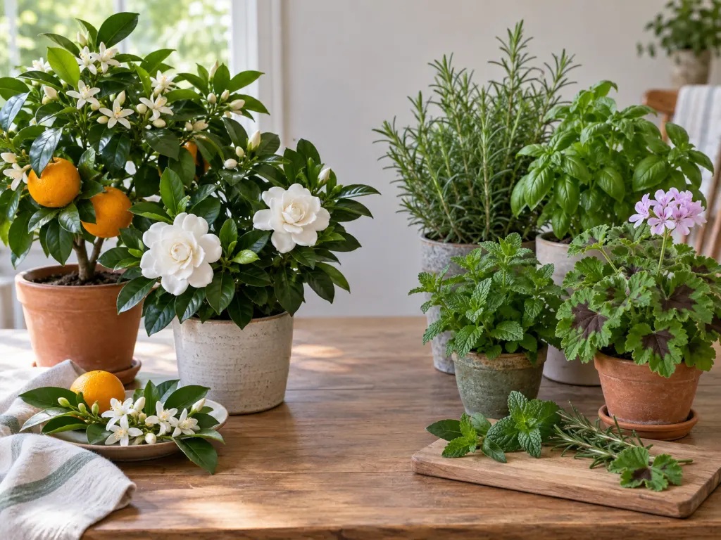 Flowering and leafy fragrant houseplants arranged side by side on a bright table.