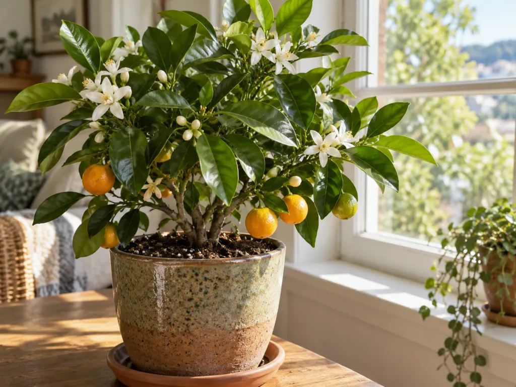 A potted dwarf citrus plant with glossy leaves and white blossoms beside a bright window.