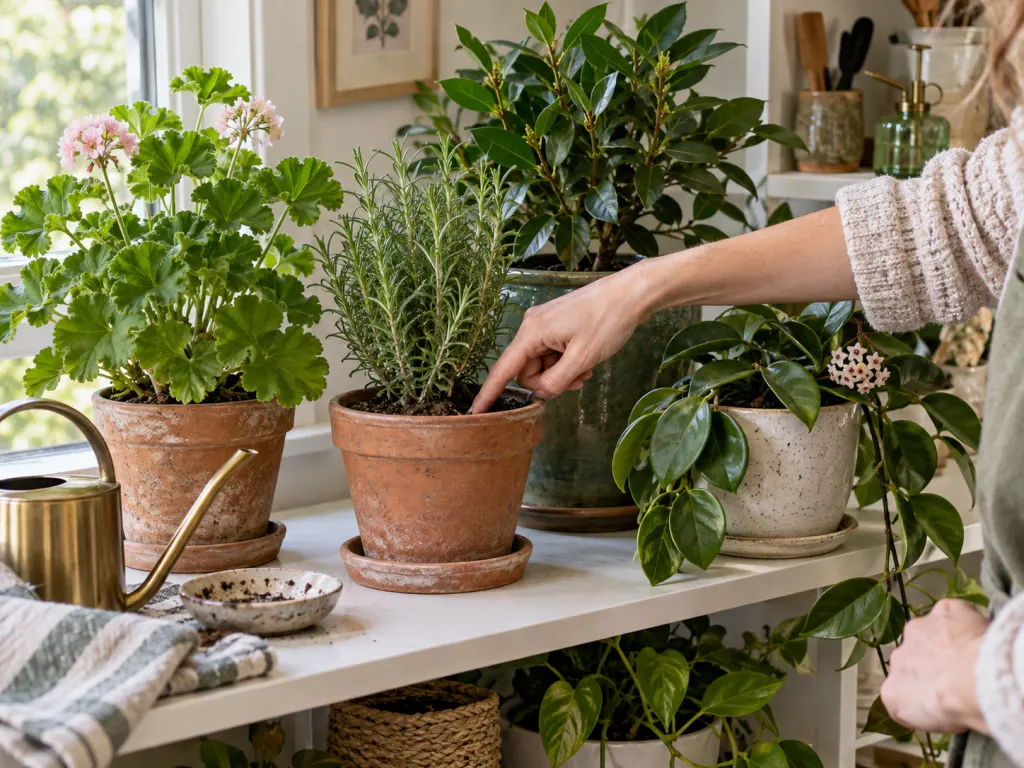 A hand checks soil moisture near fragrant potted plants on an indoor shelf.