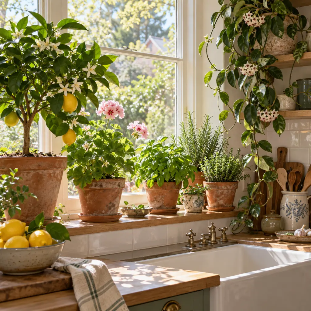 A sunny windowsill with citrus blossoms, herbs, scented geranium, and trailing hoya plants.