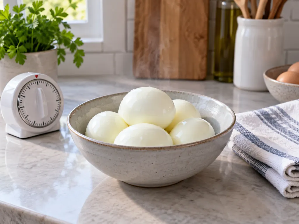 Freshly cooked hard-boiled eggs cooling in a kitchen bowl beside a timer.