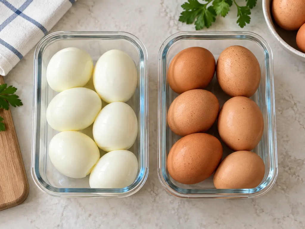 Separate containers of peeled and unpeeled hard-boiled eggs on a counter.