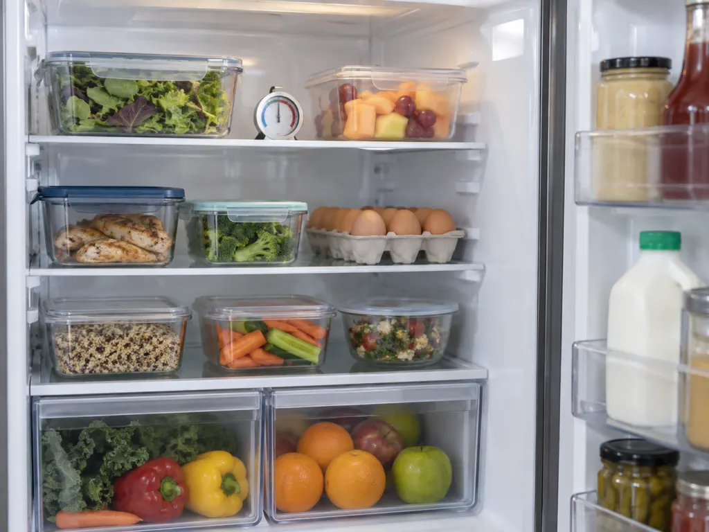 Covered containers arranged on an interior refrigerator shelf with hard-boiled eggs kept cold.