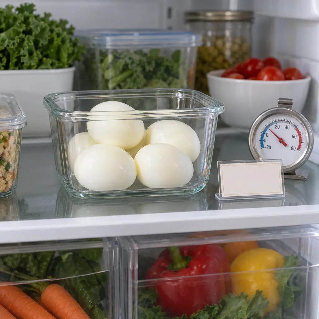 Hard-boiled eggs stored in a covered container on a refrigerator shelf.