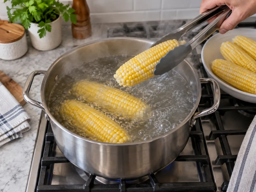 Husked ears of corn being lowered into a pot of boiling water with tongs.