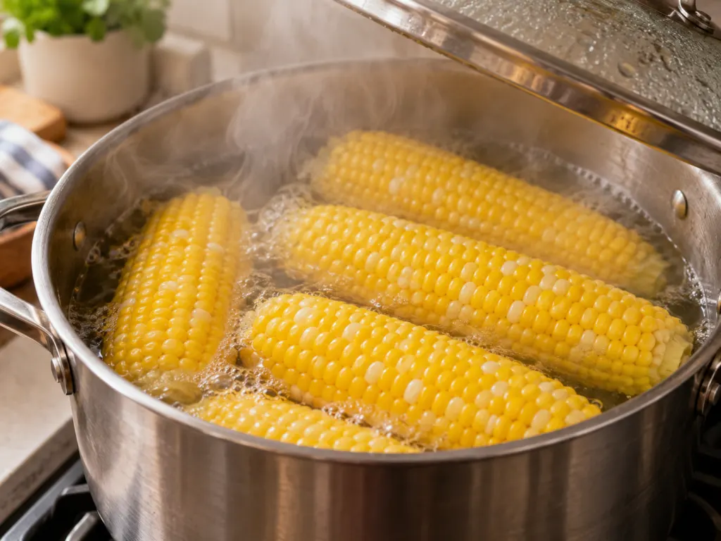 Corn on the cob cooking in a covered pot with bubbling water visible.