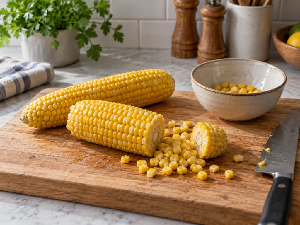 Cooked corn on a cutting board with kernels being cut from one cob.