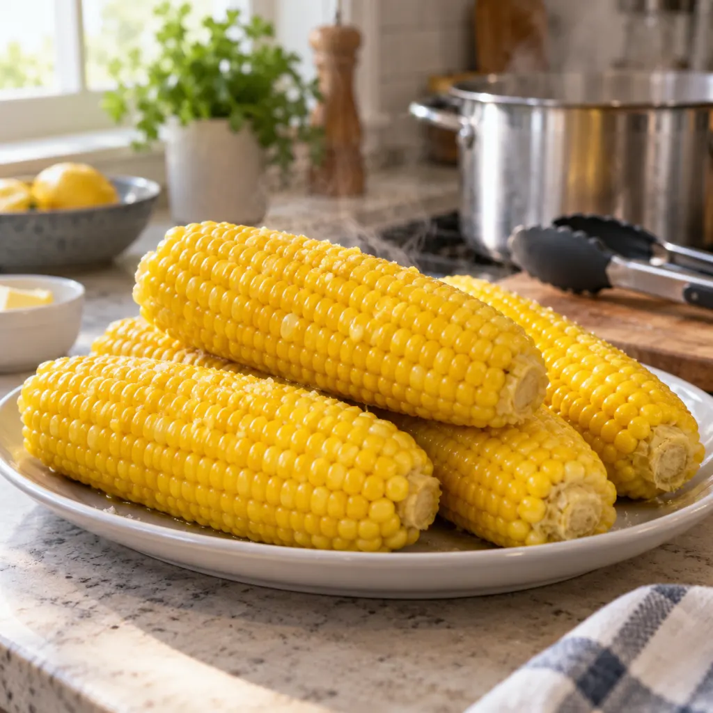 Freshly boiled corn on the cob on a platter beside a kitchen pot.