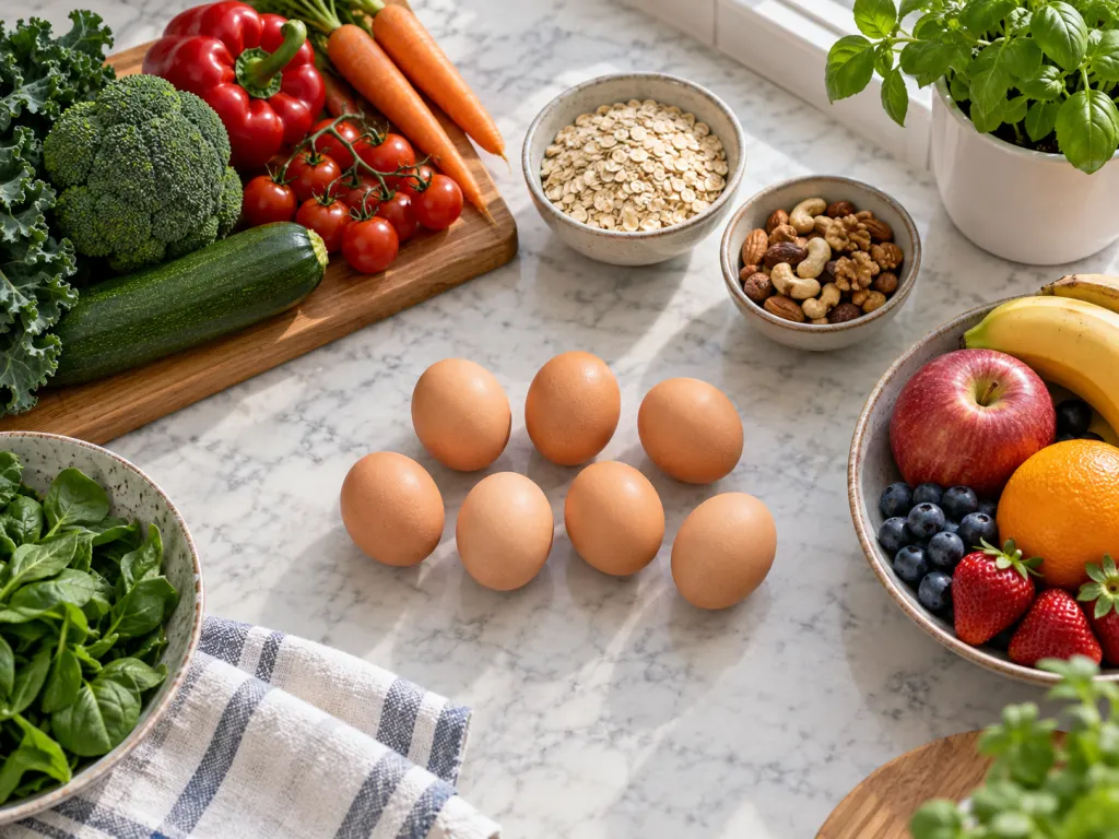 Seven eggs arranged with vegetables, oats, nuts, and fruit on a kitchen counter.