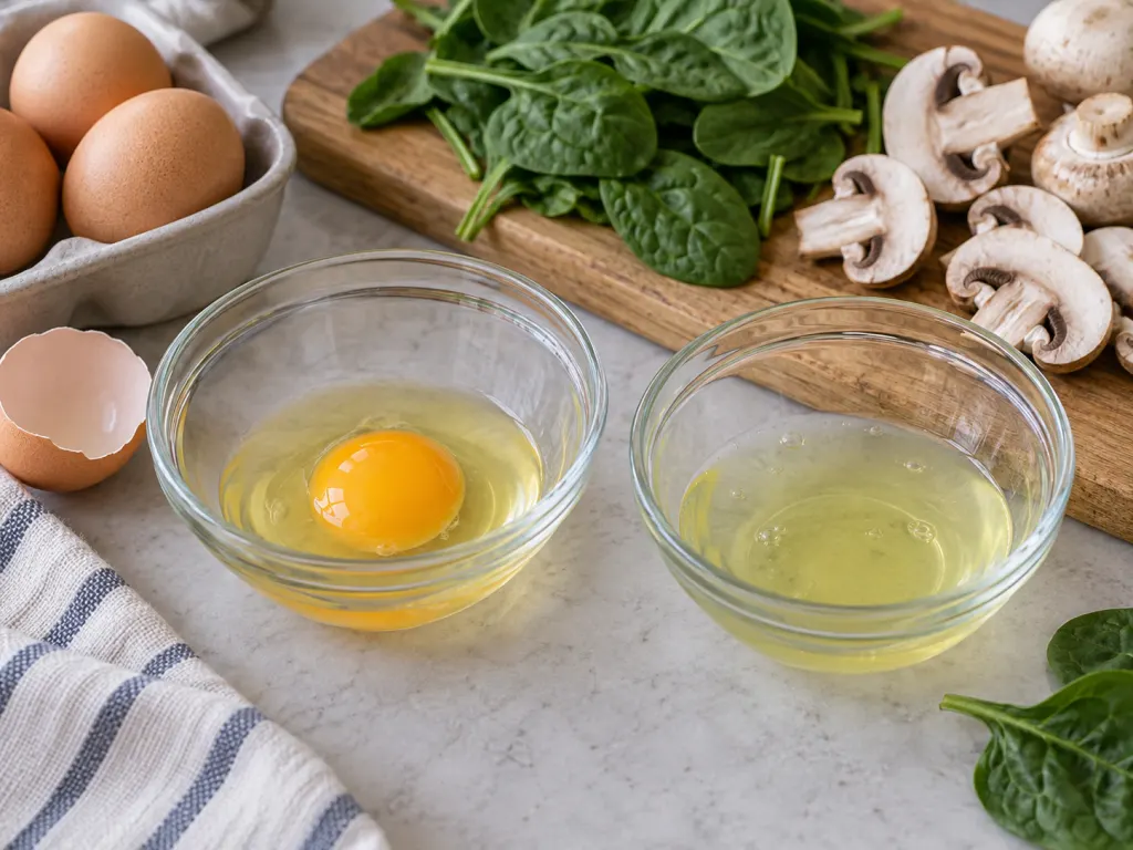 A whole egg and egg whites prepared in bowls with vegetables nearby.