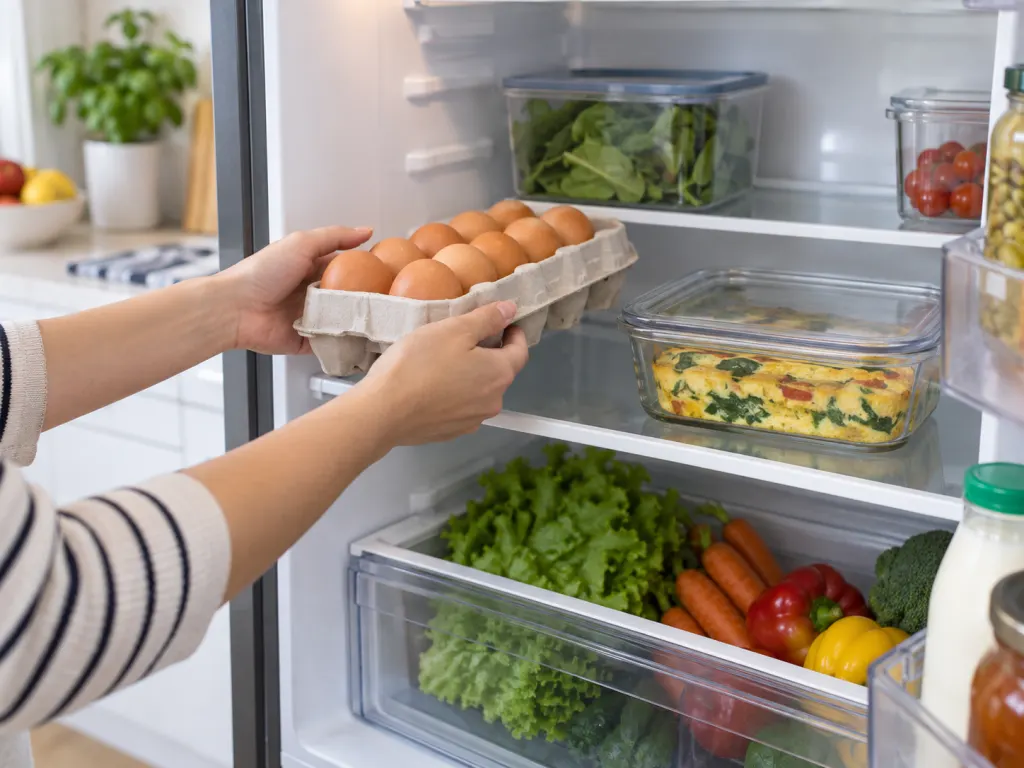 Eggs being stored in a refrigerator with a covered cooked egg dish nearby.