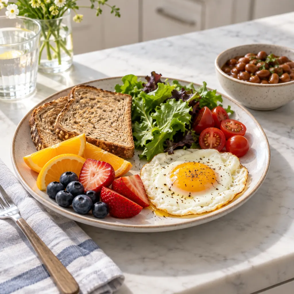A balanced breakfast plate with one cooked egg, vegetables, toast, fruit, and beans.