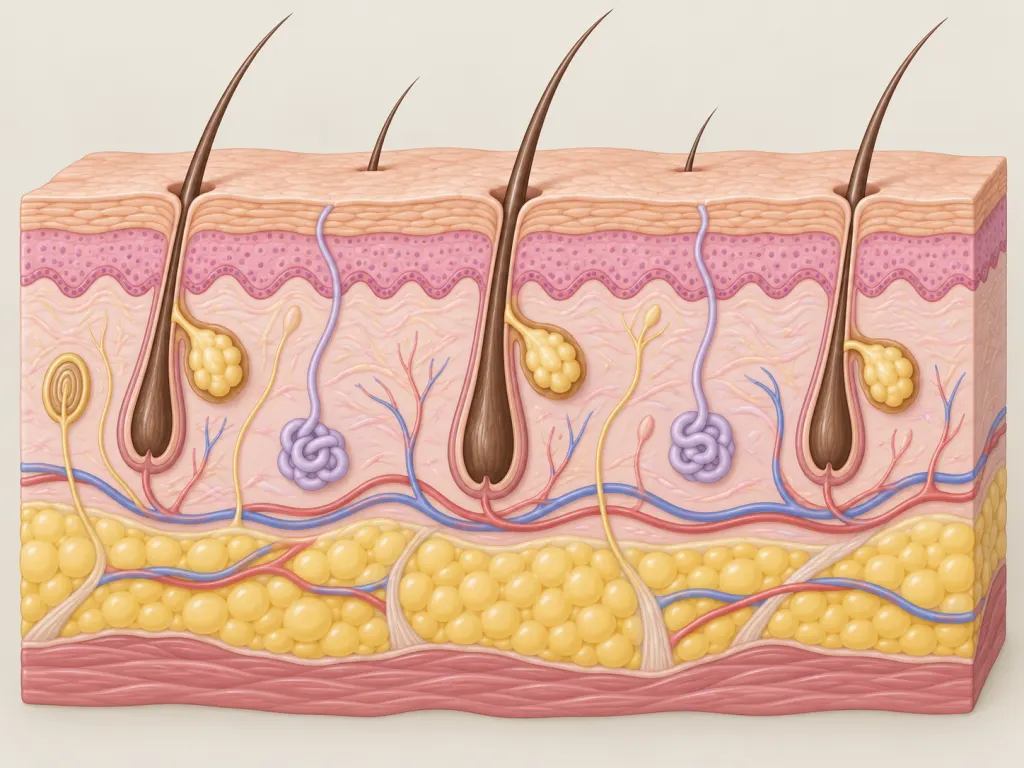An educational illustration of the layers of human skin and its natural oil glands
