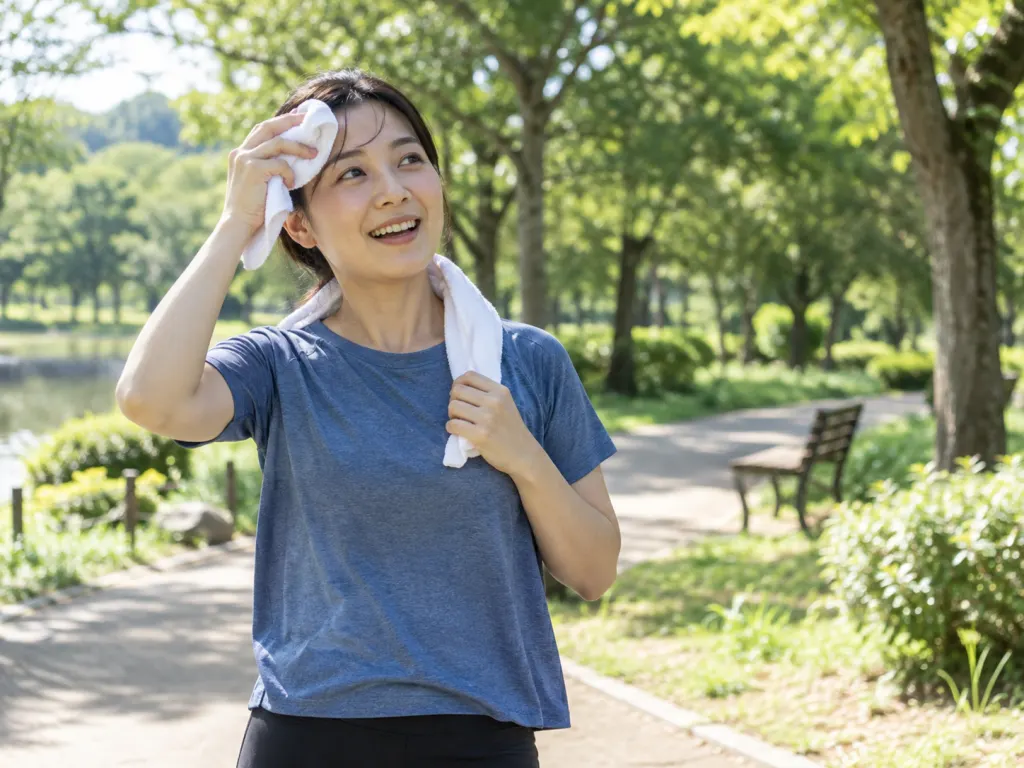 A person in workout clothing wiping sweat with a towel after exercising outdoors