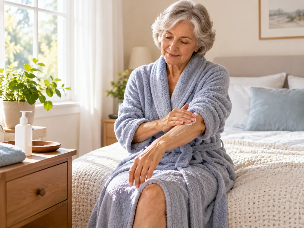 An older adult applying moisturizer to their arm after bathing