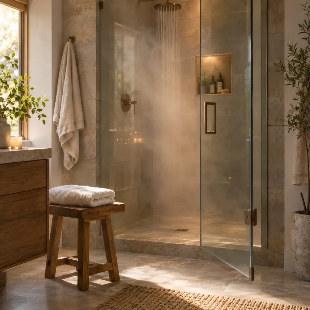 A modern bathroom shower stall with a folded towel and gentle rising steam