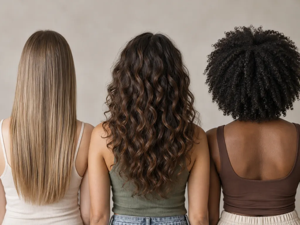 Three people viewed from behind with straight, curly, and coily hair textures.