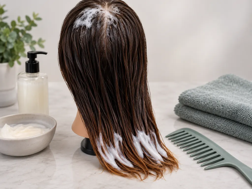 A gentle wash-day setup with conditioner on hair ends, a comb, and a soft towel.