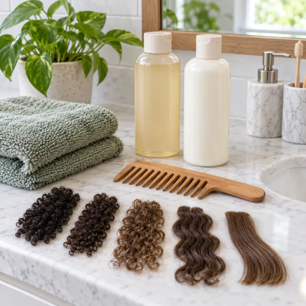 A clean bathroom counter with shampoo, conditioner, a comb, towel, and varied hair textures.