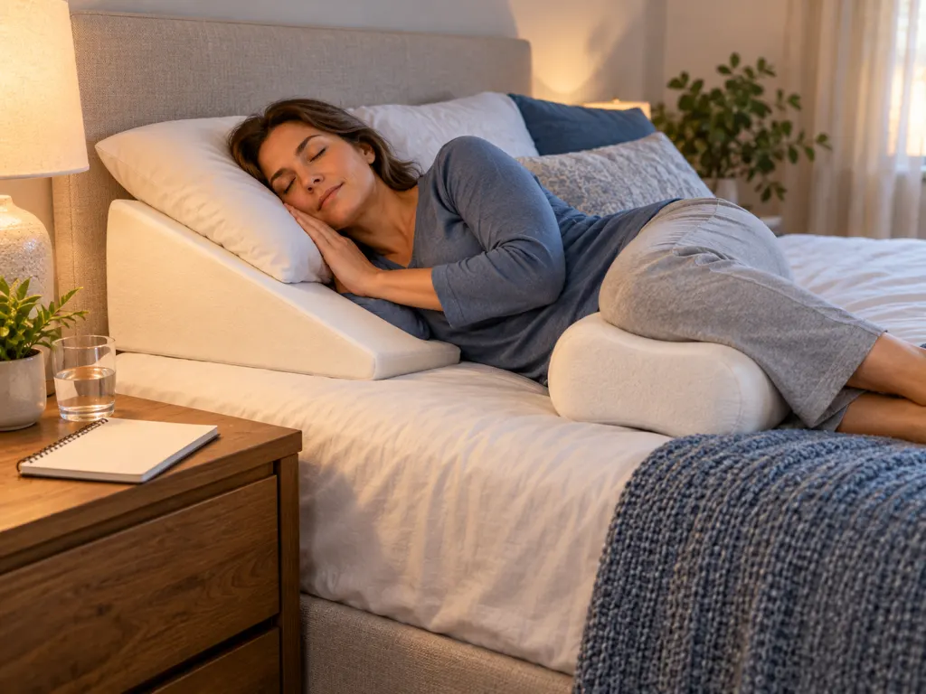 A bed set up with supportive pillows and a sleep tracking notebook nearby.