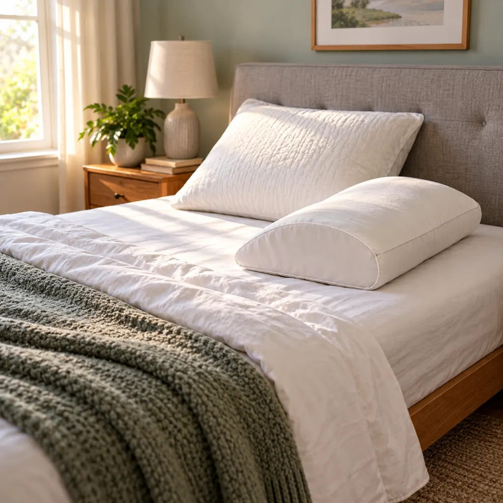 A calm bedroom with pillows arranged for side sleeping.