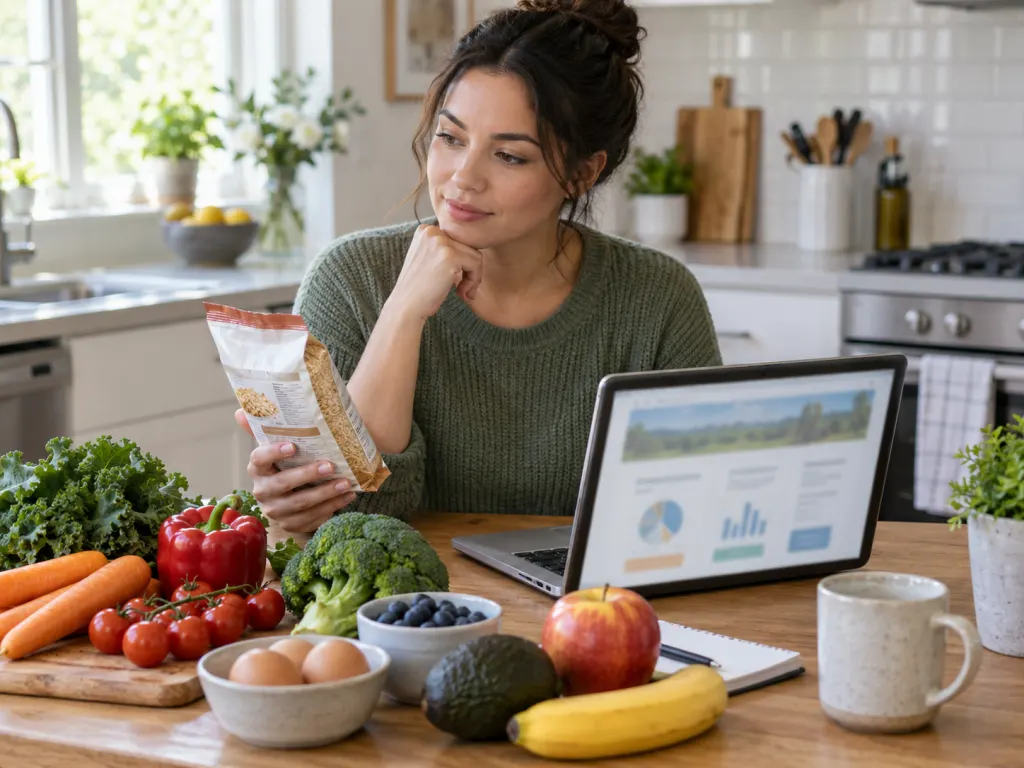A person compares a food label with fresh ingredients while researching at a kitchen table.