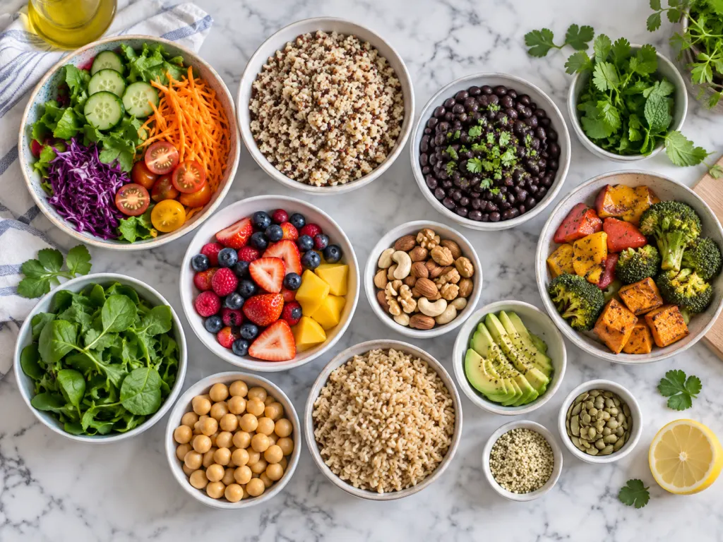 A varied spread of vegetables, beans, grains, fruit, nuts, and herbs on a kitchen table.