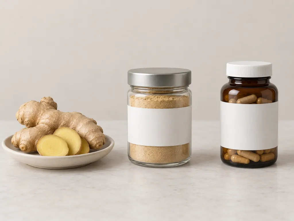 An illustration comparing a whole food, a powder jar, and a capsule bottle as different ingredient forms.