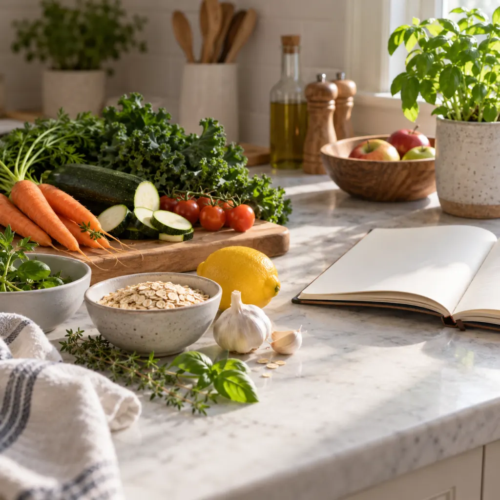 A calm kitchen still life with fresh ingredients and a blank notebook for evaluating food claims.