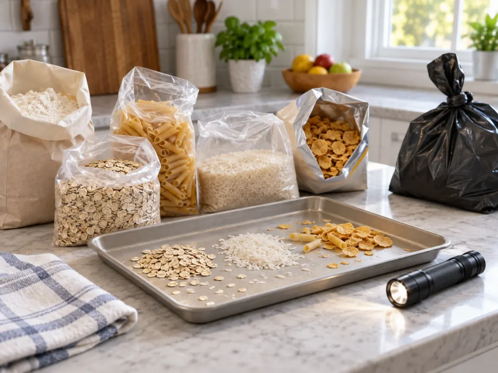 Dry pantry foods laid out on a counter for careful inspection.