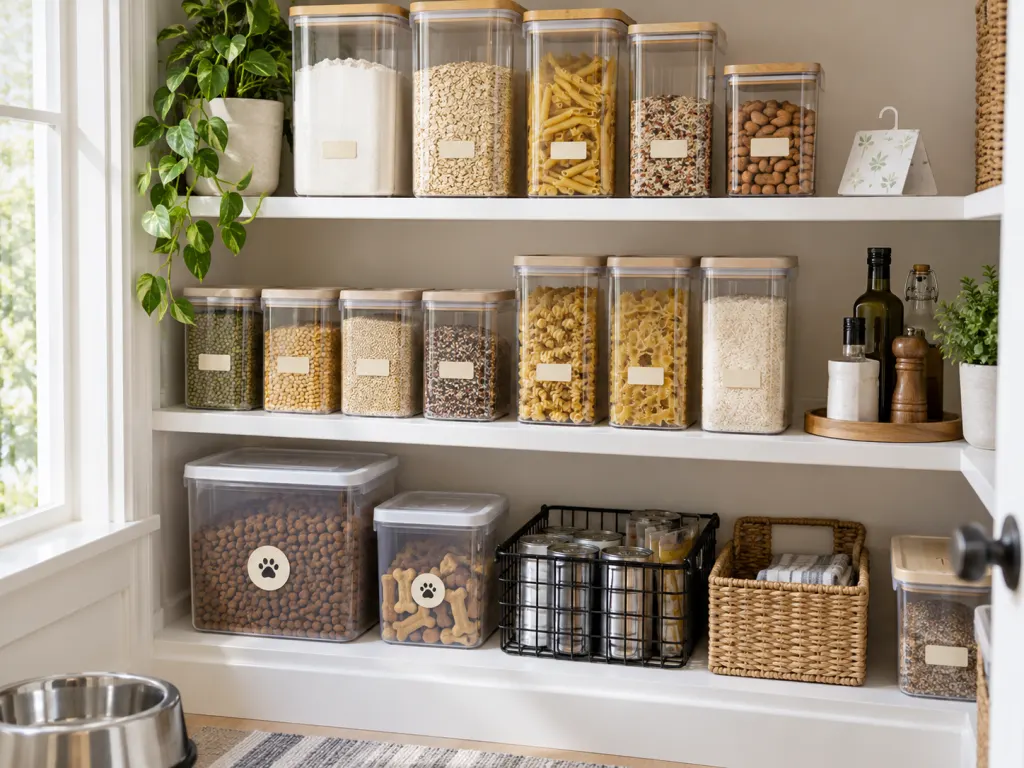 Restocked pantry with dry goods sealed in sturdy clear containers.