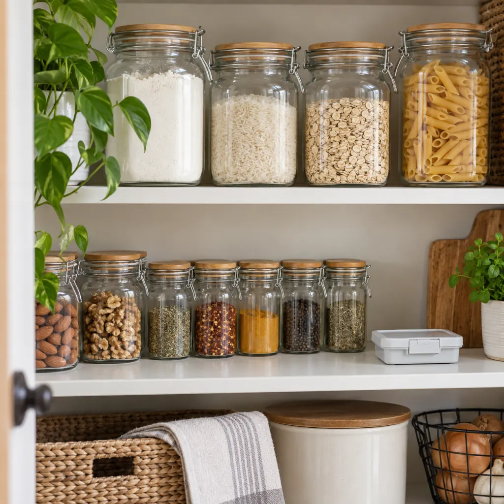 Clean pantry shelf with dry foods stored in tightly sealed jars.