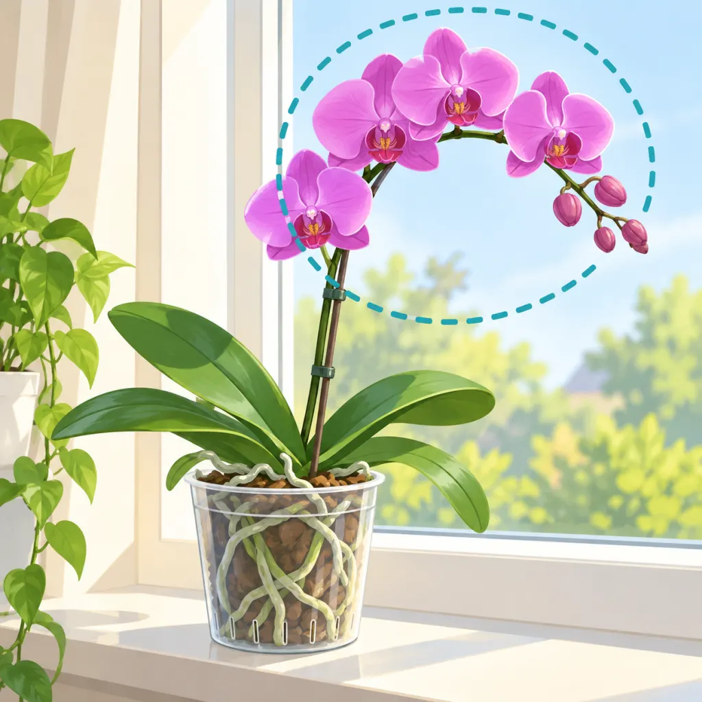 Illustration of a blooming Phalaenopsis orchid with a full flower spike on a bright windowsill.