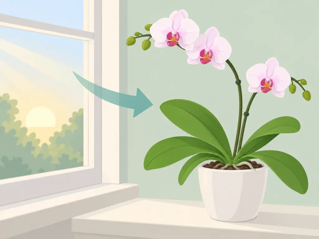 Orchid on a windowsill in bright indirect light with an arrow indicating correct positioning.