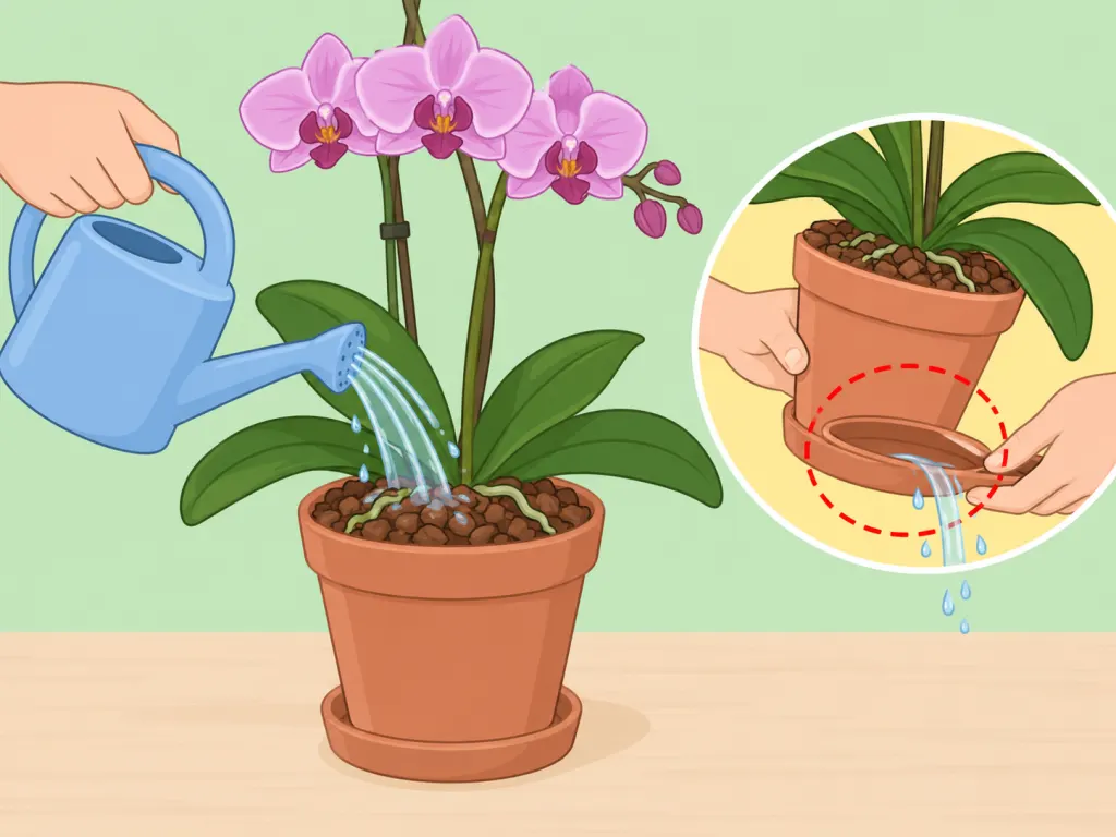 Hands watering an orchid from above and tipping excess water out of the saucer.