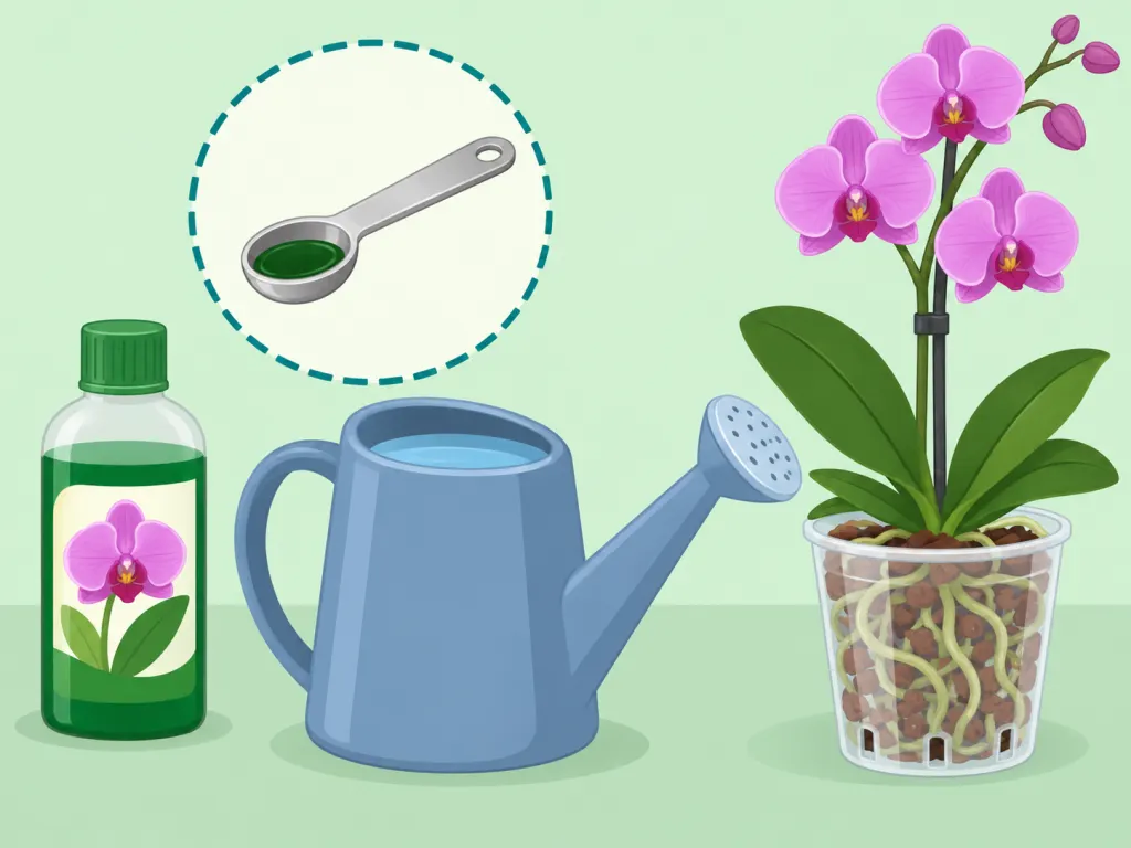 Orchid fertilizer being measured with a teaspoon and diluted in a watering can before application.