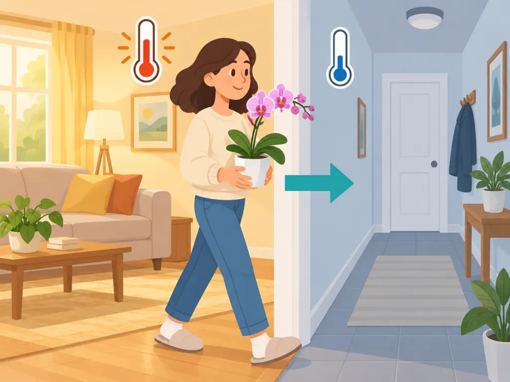 An orchid being moved from a warm room to a cooler hallway with thermometers showing the temperature difference.