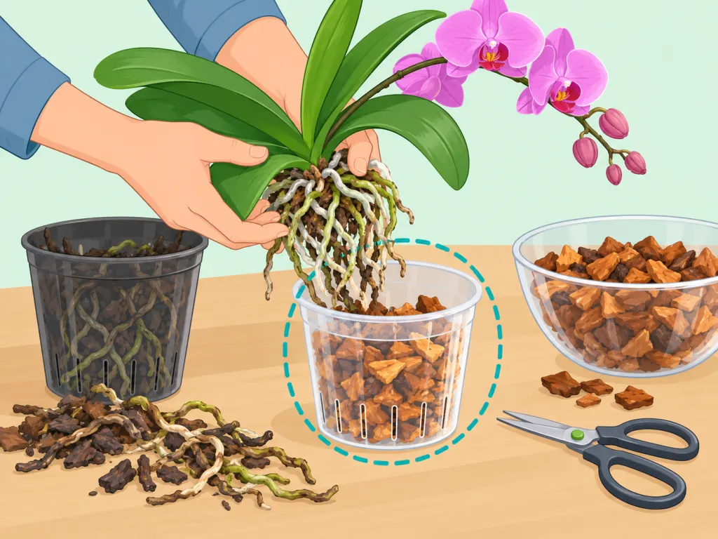 Orchid being repotted into a larger transparent pot filled with fresh bark compost.