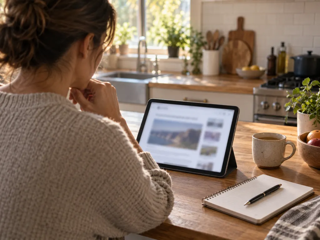 A person at a kitchen counter reviews an unreadable tablet headline while preparing to check facts in a notebook.