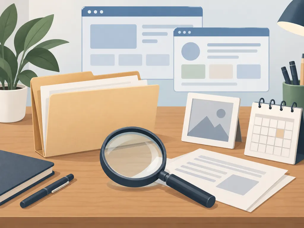 An educational desk illustration showing tools for checking sources, dates, documents, and images.